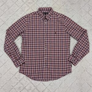 John Varvatos Shirt Mens M Red Burgundy Plaid Button Up Cotton Casual Office USA